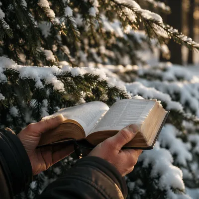Hands Holding Bible in Snowy Pines