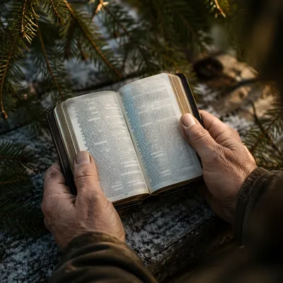 Weathered Hands Holding Bible Among Evergreens