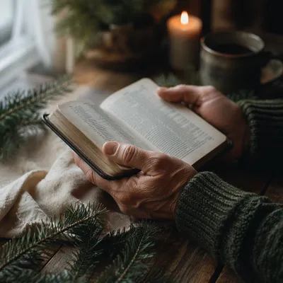 Weathered Hands Holding Bible in Winter Prayer