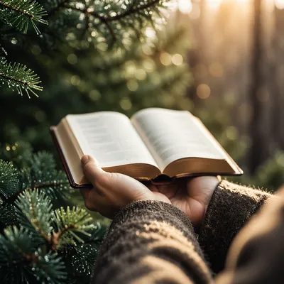 Bible Held Among Morning Evergreens