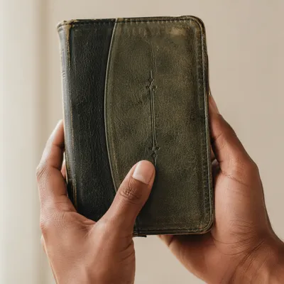 Hands Holding Worn Evergreen Bible