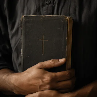 Reverent Hands Holding Worn Black Bible