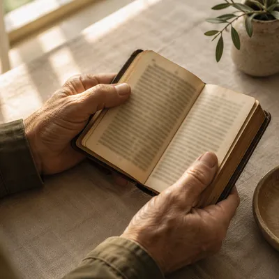 Elderly Hands Holding a Worn Bible