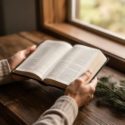 Hands Holding Open Bible in Morning Light