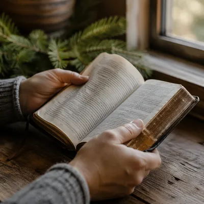 Hands Holding Open Bible by Window