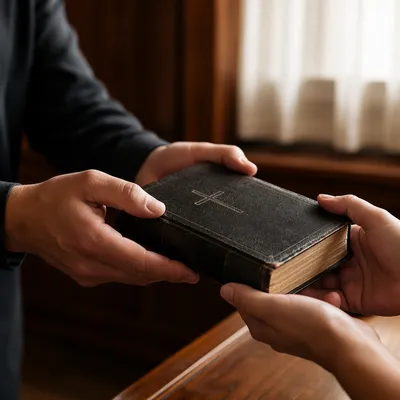 Hands Gently Passing a Worn Bible