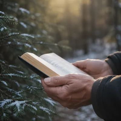 Weathered Hands Holding Bible Among Evergreens