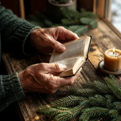 Weathered Hands Holding Bible in Winter Devotion