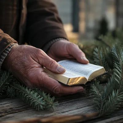 Weathered Hands Holding Bible Among Evergreens