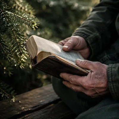 Weathered Hands Holding Bible by Evergreens