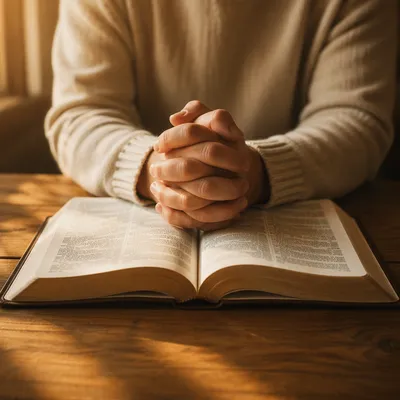 Praying Hands Resting Above Open Bible
