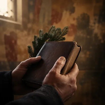 Hands Holding Bible with Evergreen Sprigs