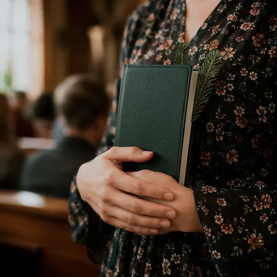Hands Holding Green Devotional Bible