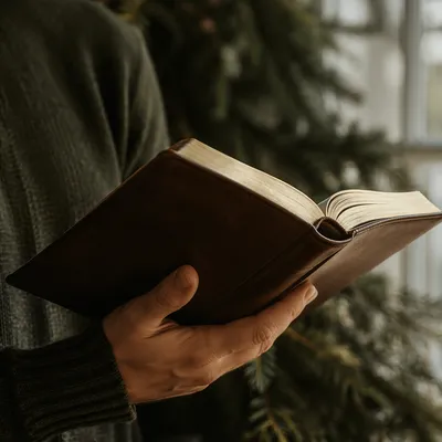 Hands Holding Bible in Evergreen Light