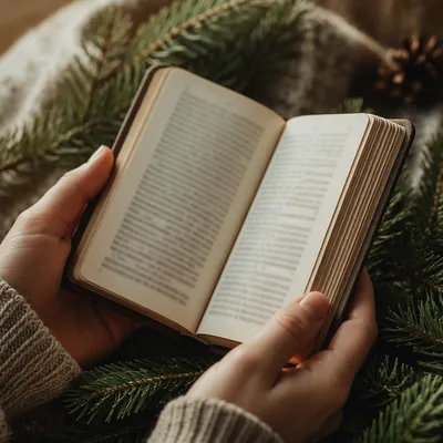 Hands Holding Bible Among Evergreen Branches