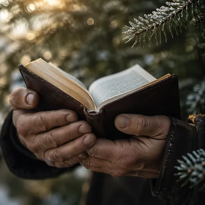 Weathered Hands Holding Bible Among Evergreens