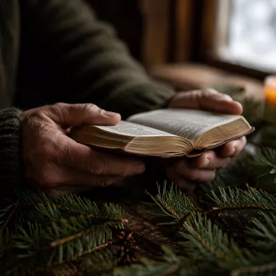 Weathered Hands Holding Bible Among Evergreens