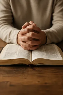 Clasped Hands Over Open Bible