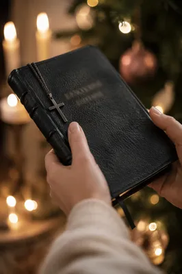 Hands Holding Bible with Cross Pendant