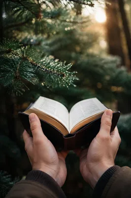Hands Holding Bible Among Evergreen Branches