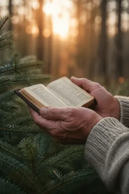 Weathered Hands Holding Bible Among Evergreens