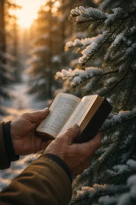 Weathered Hands Holding Bible in Winter Pines