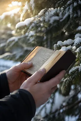 Hands Holding Bible in Snowy Evergreens