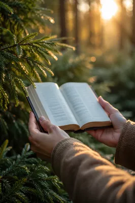 Hands Holding Bible Among Evergreen Branches