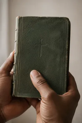 Hands Holding Worn Evergreen Bible Close Up