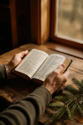 Hands Holding Open Bible with Evergreen Sprig