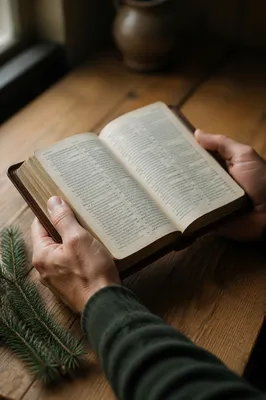 Hands Holding Open Bible with Evergreen