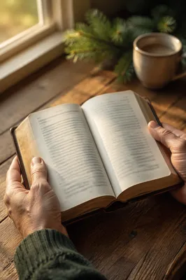 Hands Holding Open Bible in Morning Light