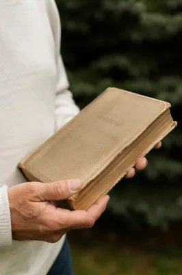 Hands Holding Worn Bible in Evergreen Light