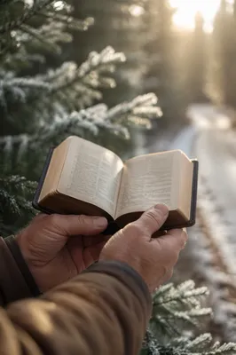 Weathered Hands Holding Bible in Evergreen Frost