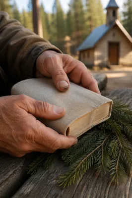 Weathered Hands Holding Bible with Evergreen