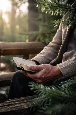 Weathered Hands Holding Bible Among Evergreens