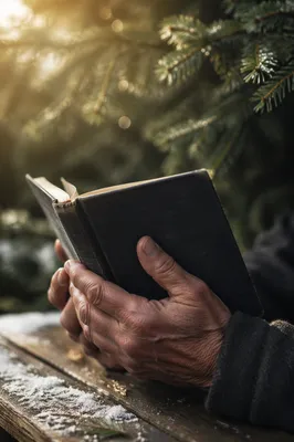 Weathered Hands Holding Bible in Evergreen Garden