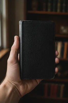 Hand Holding Small Leather Bible Close Up