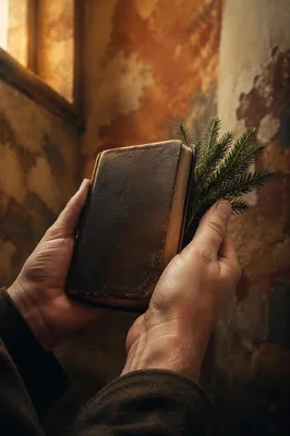 Hands Holding Bible with Evergreen Sprigs