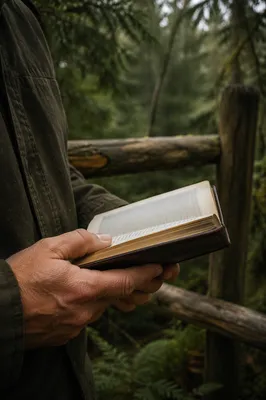 Hands Holding Bible in Evergreen Woodland