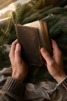 Hands Holding Bible Among Evergreen Branches