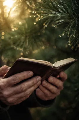 Weathered Hands Holding Bible Among Evergreens
