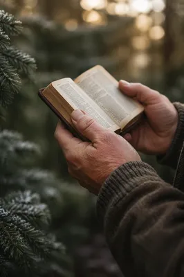 Weathered Hands Holding Bible Among Evergreens