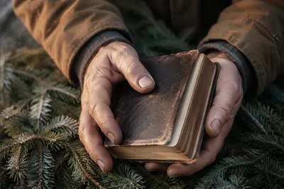 Weathered Hands Holding Bible Among Evergreens