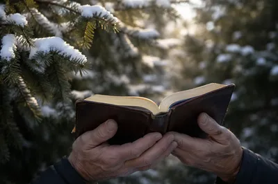 Weathered Hands Holding Bible in Snowy Pines