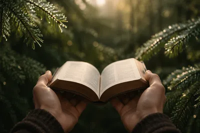 Hands Holding Bible Among Evergreen Branches