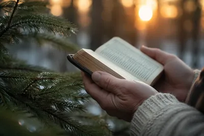 Weathered Hands Holding Bible Among Evergreens