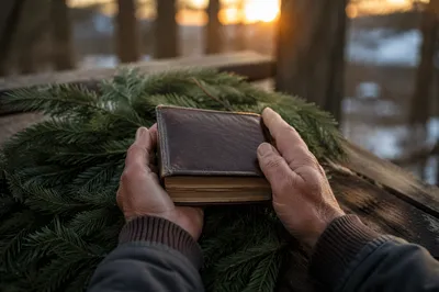 Weathered Hands Holding Bible Among Evergreens