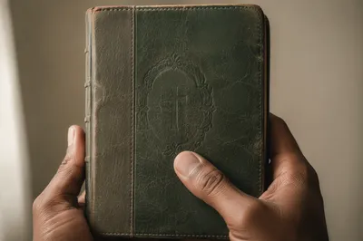 Hands Holding Worn Evergreen Bible Close Up