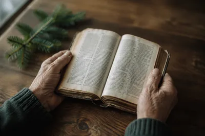 Elderly Hands Holding Open Bible
